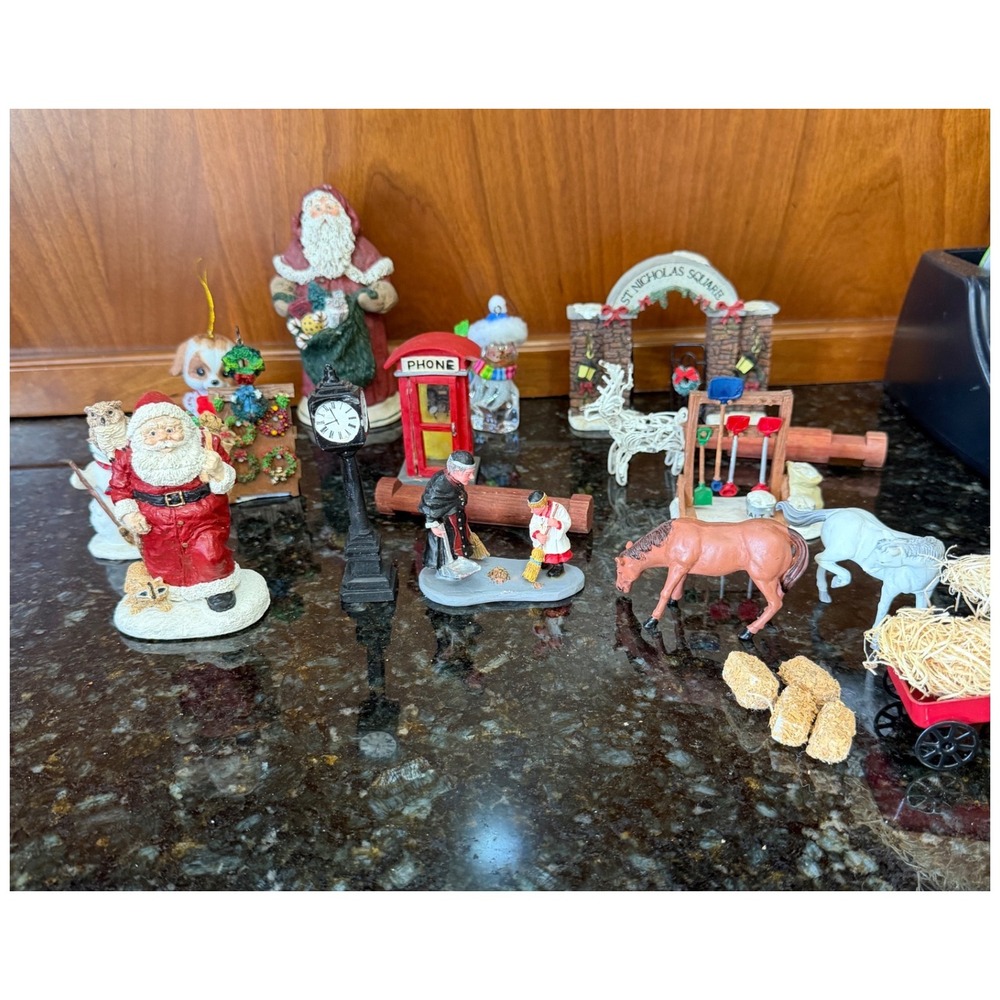 Christmas Village Accessories Lot St Nicholas Square Santa Wagon Hay Bales